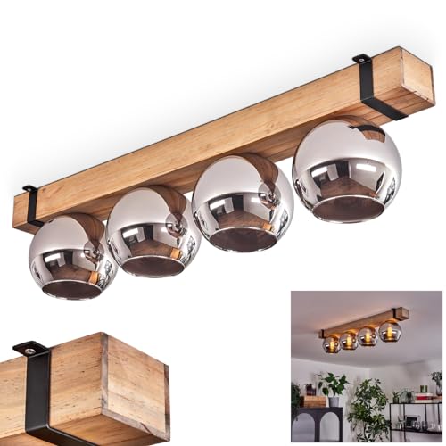 Plafonnier Montgomery, plafonnier en métal/bois/verre en noir/naturel/chrome, design scandinave avec poutres en bois (80 cm) et boules en verre (Ø 15 cm), 4...