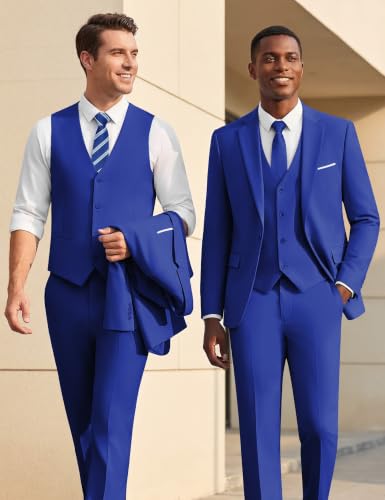 Image of WULFUL Men's Slim Fit Suit One Button 3-Piece Blazer Dress Business Wedding Party Jacket Vest & Pant
