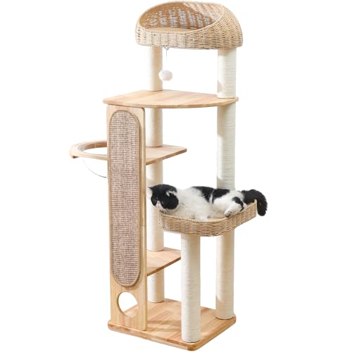 59-inch Cat Tree，Cat Tower with Scratching Post,Extra Long Sisal Blanket, Handwoven Basket & Space Capsule Nest
