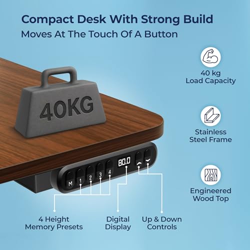 Image of The Sleep Company - AeroMini Electric Height Adjustable Desk | Ergonomic Work from Home Table | 4 Memory Presets | Lockable Wheels | 570 x 500 mm Thick Top | Free Installation | Wooden & Black
