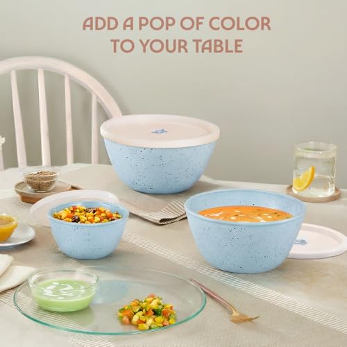 Image of Borosil 750ml Serving & Mixing Bowl with Lid | Made in India Borosilicate Glass Bowl for Kitchen & Dinning | Bowl for Mixing Dough, Salad, Batter | Microwave & Dishwasher Safe (Blue)