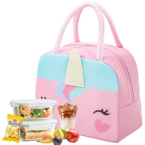 Velvaria Insulated Lunch Bag Cartoon Small Bento Tote Bag for Kids Girls & Students Waterproof Cute Thermal Lunch Box Bag for School Work Picnic & Outdoor Activities(Pink Horse)