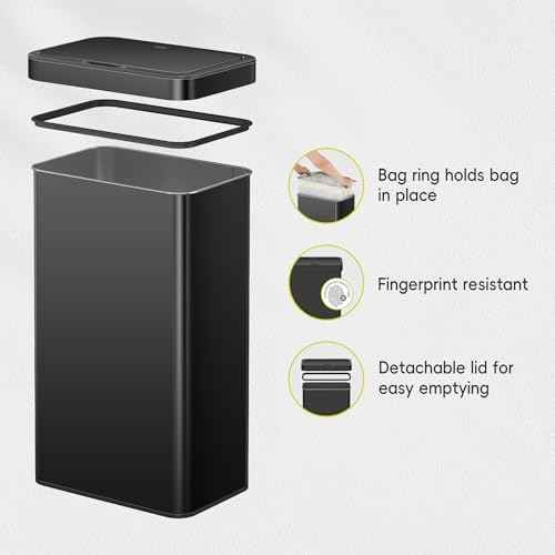 Image of EKO Nova Sensor Trash Can or Recycling Bin, 21 Gallon /80 Liter Stainless Steel Rectangular Touchless Motion Sensor Trash Can, Matte Black
