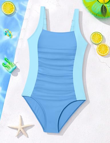 Image of Girl Swimsuit One Piece Bathing Suit for Girls Solid Color Ruched Adjustable Straps Padded Swimwear 9-18y