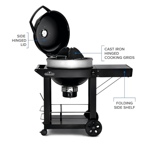 Image of Napoleon PRO22 Charcoal Kettle Grill with Folding Cart, Black, Porcelain-Enameled Lid and Bowl, Chrome-Plated Cooking Grid