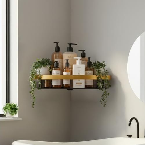 Image of MIORAH Self Adhesive Bathroom Corner Shelf, Rustproof Powder Coated Aluminium Organizer, No Drill Wall Mounted Storage Gold Pack of 1