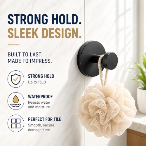 Image of KORCCI Suction Cup Hooks 4 Pack, 15 LB Bathroom Towel Hooks, 304 Stainless Steel No Drilling Hooks for Towels, Robes & Loofah, Waterproof Shower Hooks for Glass, Mirror, Tile, Black