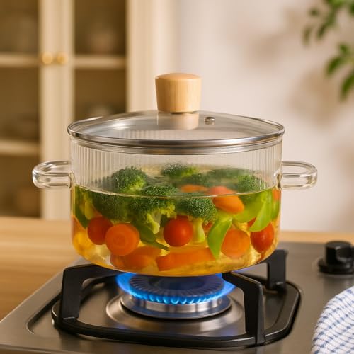Image of Nestasia Borosilicate Glass Cooking Pot on Gas Stove (1800 ml) - Fluted Casserole with Air Vent Glass Lid | Microwave & Dishwasher Safe Durable Handi for Kitchen