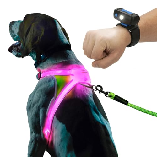 Image of Noxgear LightHound (Medium) + Wrist Light - Illuminated and Reflective Harness for Dogs Including Multicolored LED Fiber Optics (USB Rechargeable, Adjustable, Lightweight, Rainproof)