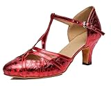 MGM-Joymod Chaussures de Danse pour Femme Bride en T Bout fermé Paillettes Synthétiques Soirée de Mariage Tango Salle de Bal Moderne Amérique Latine, Motif Floral Rouge Talon de 6 cm,42.5 EU