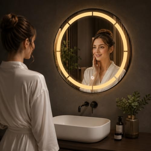 Image of LED Bathroom Wall Mirror with Decorative 3 Light Design | Touch Sensor | Warm | Natural and Cool White | for Wash Basin | Bedroom | Dressing Area Decoration (Round 2nd, 24x24)