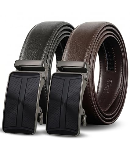Image of Mens Ratchet Belts Leather-2 Packs,Adjustable Slide Belts For Gifts Men Dress and Casual 1 3 /8 inch,Cut for Perfect Fit