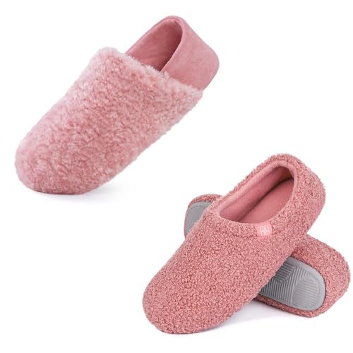 HomeTop Women's Set of 2 Pairs - Curly Teddy Fur Slippers (Size 8.5, Pink) - Plush Collapsible Microsuede Heel Slippers (Size 7-8, Pink)