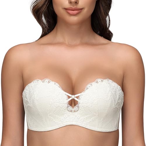 Image of Wingslove Women's Strapless Lace Bra Push Up Wirefree Bras Multi-Way Convertible Straps Padded Support Plus Size