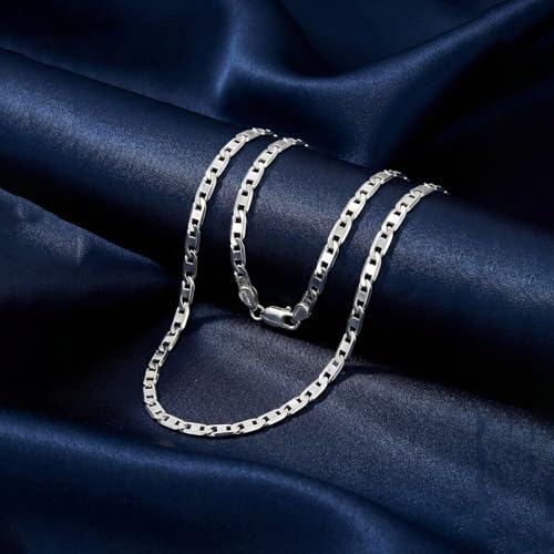 Image of TRUESILVER ACPL Solid 925 Sterling Silver Italian 3 MM, 4 MM Diamond-Cut Solid Flat Mariner Link Chain Necklace for Women Men with Lobster Clasp (20, 22, 24 Inches)