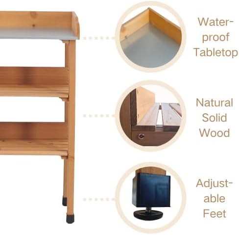 30″x14.5″×35.5″ Potting Table w/Metal Tabletop, 3 Layers Outdoor Work Bench w/Hook for Garden, Solid Wood Workstation for Garage