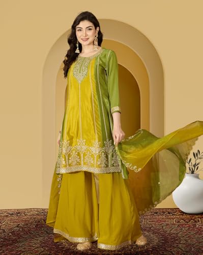 Image of Amazon Brand - Tavasya Women Poly Chinon Zari Sequence Cording Embroidered Regular Fit Kurta Set | Salwar Suit