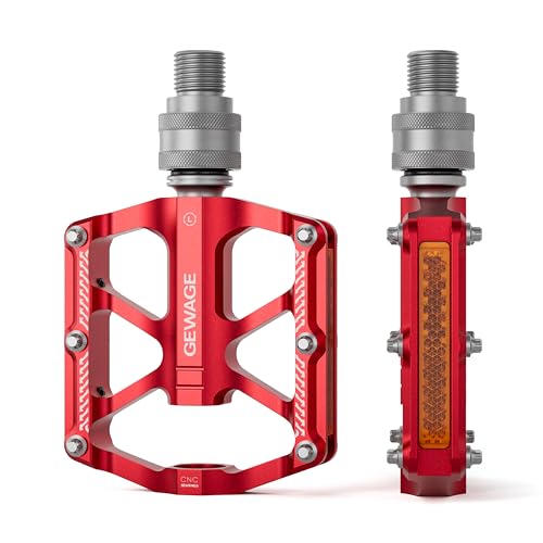 GEWAGE Pedal de liberación rápida 9/16' – Pedal Plano CNC de Aluminio Desmontable con 8 Pines Antideslizantes y reflectores para Bicicletas Plegables, Fixie y urbanas (Rojo)