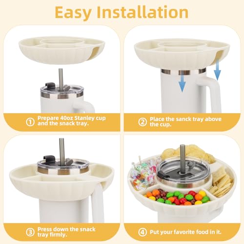 Musiwanna Snack Tray with Lid for Stanley Cup 40oz/1.18L, ONLY for 40OZ, Snack Plate Compatible with 40oz Tumbler, Silicone SnackBowl with 4 Compartments, SnackStorage Top Ring (White)