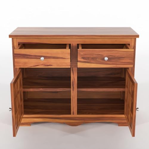 Image of Sheesham Wood Sideboard and Cabinets | Wooden Side Board Small Cabinet with Multicolor Tiles for Living Room | Free Standing Cabinet with 2 Drawers & 2 Door Storage | Natural Finish
