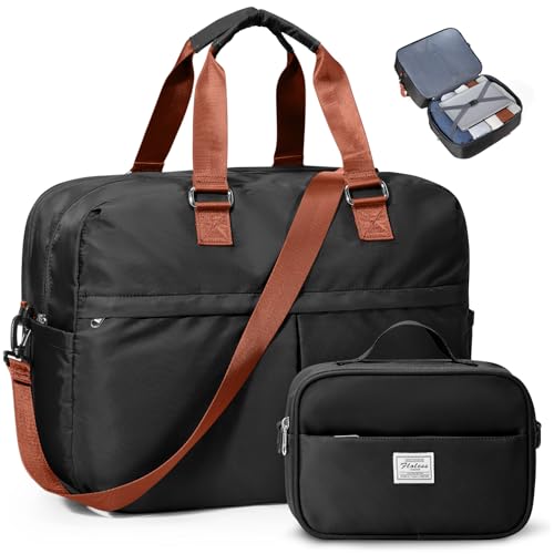 Expandable Personal Item Travel Duffle Bag Weekender Bag for Women Men, Overnight Hospital Carry On Bag with Toiletry Bag for Airplanes Travel Business Trips Sport,Black & Brown