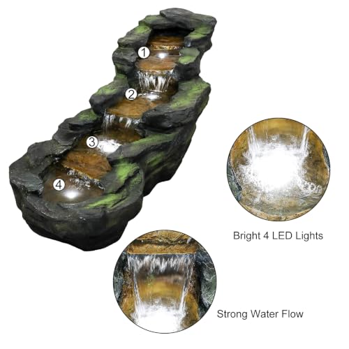 Image of SunJet Cascading Rock Outdoor Water Fountain with LED Lights - 41.3 inch Length Resin Stone Look Garden Waterfall Fountain, Freestanding Floor Fountain with UL Certified Pump for Patio Backyard Yard Decor