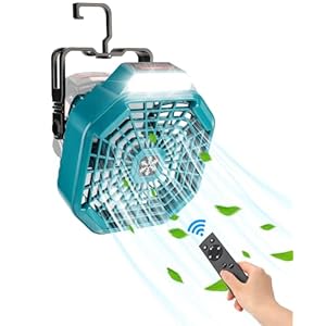 Taingwei Portable Fan with Remote for Bosch 18v battery,Camping Fan with 3 Energy Efficient Speed Settings and Dimmable Led Light