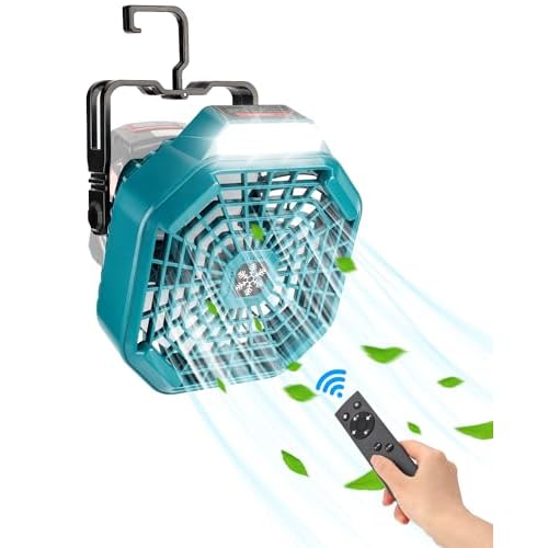 Taingwei Portable Fan with Remote for Bosch 18v battery,Camping Fan with 3 Energy Efficient Speed Settings and Dimmable Led Light