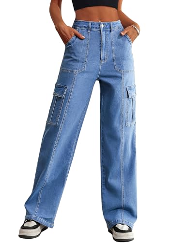 Eddoyee Cargo Jeans Women Drawstring Ankle Cuffs Stretch High Waisted 6 Pockets Straight Wide Leg Casual Denim Baggy Pants(Blue Jeans, Medium)