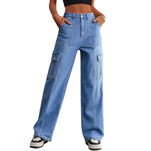 Eddoyee Cargo Pants for Women Drawstring Ankle Cuffs Stretch High Waisted 6 Pockets Straight Wide Leg Jean Casual Baggy Pants A Blue Jean Medium