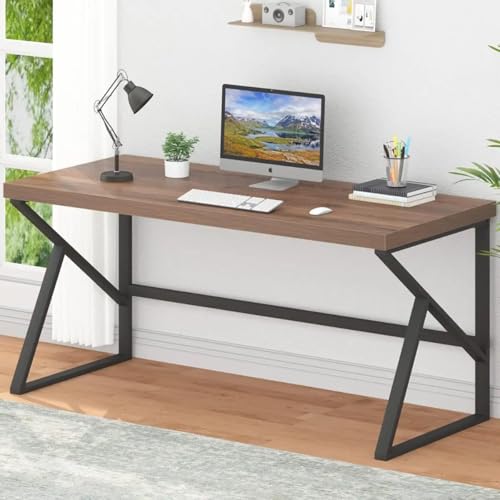 Image of Modern Industrial Study Table for Home & Office | Wooden Computer Desk with Strong Metal Frame | Writing Desk | Office Table | Rustic Brown | 120 x 60 x 75 cm