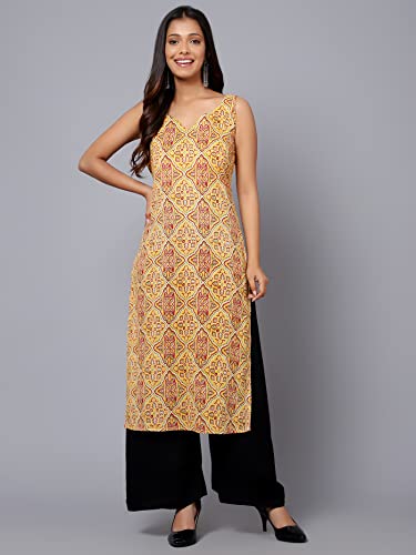 Image of Bani Women Straight Sleeveless Cotton Kurta for Women, Stylish V Neck Floral Printed Long Kurti, Regular Casual Wear for Womens | Cotton Kurti for Women /Party /College