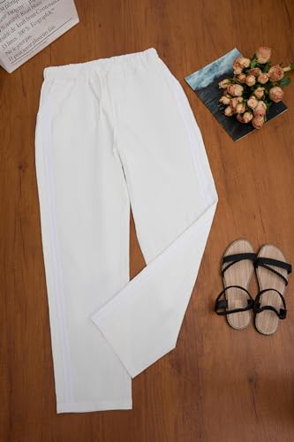 Womens Linen Pants with Pockets Casual Loose High Waist Drawstring Wide Leg Pants Summer Beach Pants Trendy Lace Pants White L3