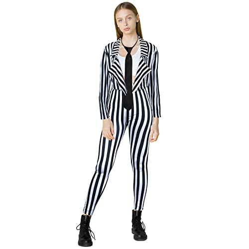 Satinior Women's Black White Vertical Striped Kit Include Blazer Length Pant With Tie (M), Black And White, Medium #TOP4