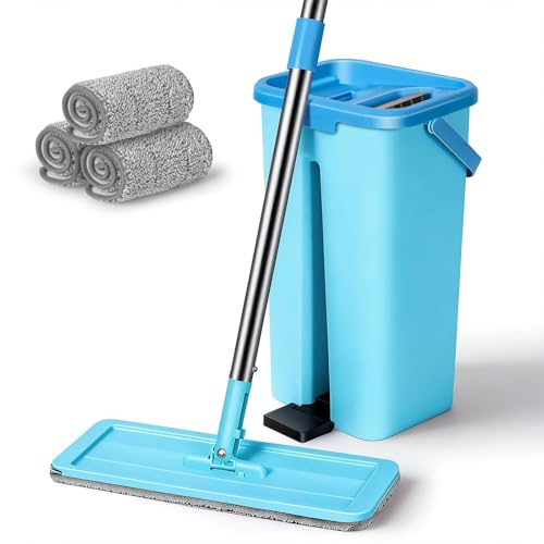 MASTERTOP Wischmopp Set mit Eimer, 2 in 1 Bodenwischer Flachmopp mit Edelstahlgriff und 3 Mikrofaser Moppkopf, Tragbarer Putzeimer Wischmopp mit Auswringfunktion für Hartholz Laminat Fliesen(Blau)