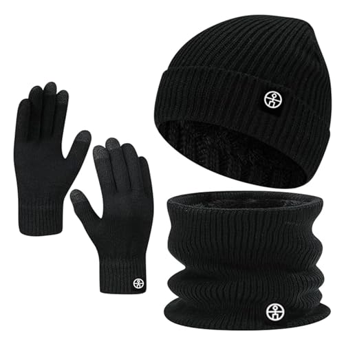 لينجي مجموعة قبعة صغيرة شتوية ووشاح وقفازات تعمل باللمس تدفئة الرقبة وقبعات 3 في 1 للشتاء اسود للرجال