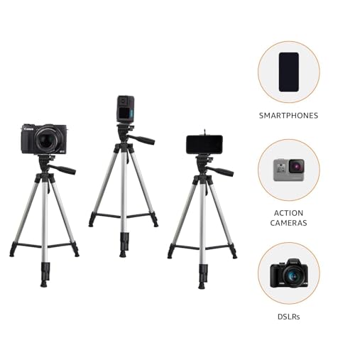 Image of Amazon Basics Aluminium Professional Sturdy Tripod with Mobile Phone Holder Mount, 3-Way Head, Accessory Hook, and Carry Bag for All Smart Phones, GoPro, Cameras (35-125 cm)