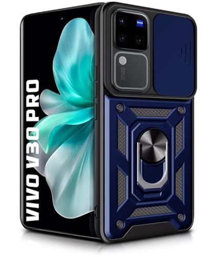 Image of WOW IMAGINE Tough Armor Bumper Mobile Back Case for Vivo V30 Pro | Sliding Camera Shield Cover | Shock Proof 360 Protection | Hybrid PC + TPU | Ring Holder with Kickstand - Blue