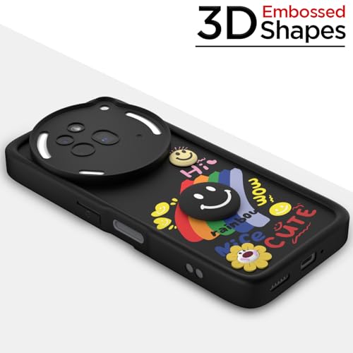 Image of Pikkme Back Cover for Nothing Phone 3a Pro 5G | Soft Silicone| Cute Rainbow Smile & 3D Cartoon Flower Design | Shockproof Raised Camera Protection Bumper Case (Black)