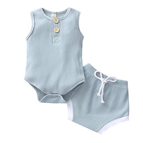 Image of Ledy Champswiin Summer Newborn Baby Boy Girl Clothes Set Ribbed Outfits Unisex Infant Solid Short Sleeve Tops Shorts 2PCS