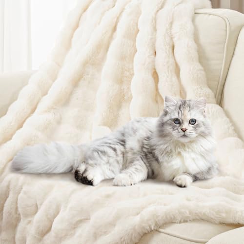 Enyhom Bubble Decke 127x152 cm Creme, Kaninchen Fellimitat Flauschig Weiche Warme Kuscheldecke, Sofadecke für Sofa Couch Bett Haustier Schlafzimmer Wohnzimmer Deko