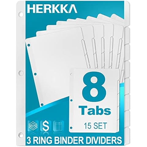 8-Tab Binder Dividers, HERKKA 3 Ring Binder Dividers with Reinforced Edge, 3 Hole Punch Section Index Dividers for Binders, 1/8-Cut Tabs, Letter Size, White, 120 Dividers Cover