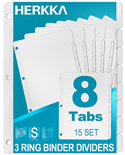 8-Tab Binder Dividers, HERKKA 3 Ring Binder Dividers with Reinforced Edge, 3 Hole Punch Section Index Dividers for Binders, 1/8-Cut Tabs, Letter Size, White, 120 Dividers
