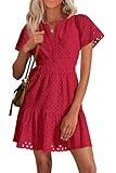 PRETTYGARDEN Womens 2025 Summer Short Dress V Neck Short Sleeve A Line Hollow Out Lace Ruffle Cute Casual Beach Party Dresses (Red,Medium)