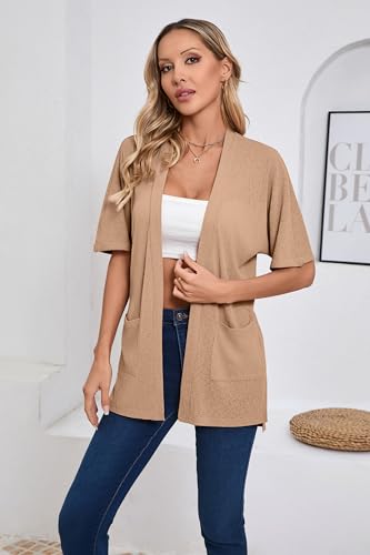 Image of Iandroiy Women's Lightweight Open Front Cardigans Casual Short Sleeve Blouse Tops
