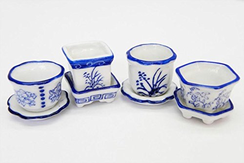 Dollhouse Miniature Set of 4 Blue and White Ceramic Flower Pots with Saucers