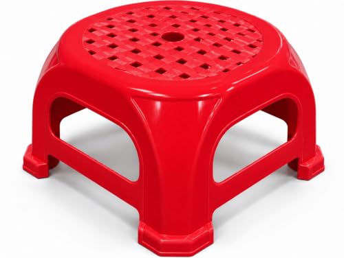 Image of KITCHIVO 3 Step Foldable Ladder with Safety Handrail, Wide Anti-Slip Steps & Non-Slip Feet, Heavy Duty Steel Step Ladder for Home, Kitchen & Office (Red, Small)