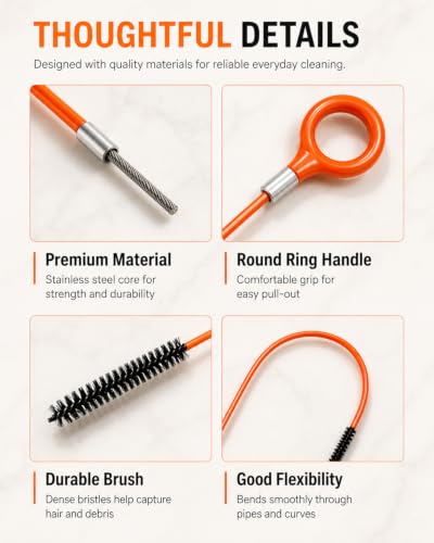 Destapacaños para cabello, 3 unidades de 130 cm, destapador flexible para tuberías, diseño reforzado en espiral para obstrucciones profundas en fregaderos, duchas y bañeras, uso seguro para destapar sin dañar las cañerías miniatura 7