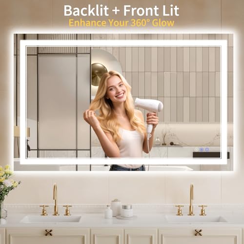 Image of 40 inchx48 inch LED Bathroom Mirror with Lights, Anti-Fog, Backlit + Front Lit, Dimmable, Led Vanity Mirror for Wall, Lighted Bathroom Mirror, 15 Colors, Shatter-Proof Tempered Glass