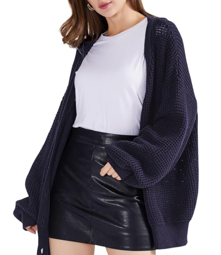 Image of QUALFORT Women's Oversized 100% Cotton Cardigan Sweater | Long Sleeve V Neck Button Down Open Front Knit Outerwear